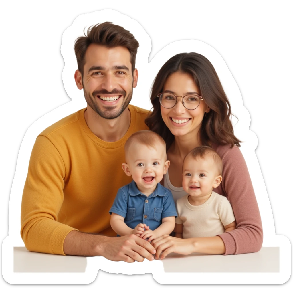closeup front angle shot of a smiling family with parents and two children, realistic textures, soft lighting, skeuomorphism style sticker