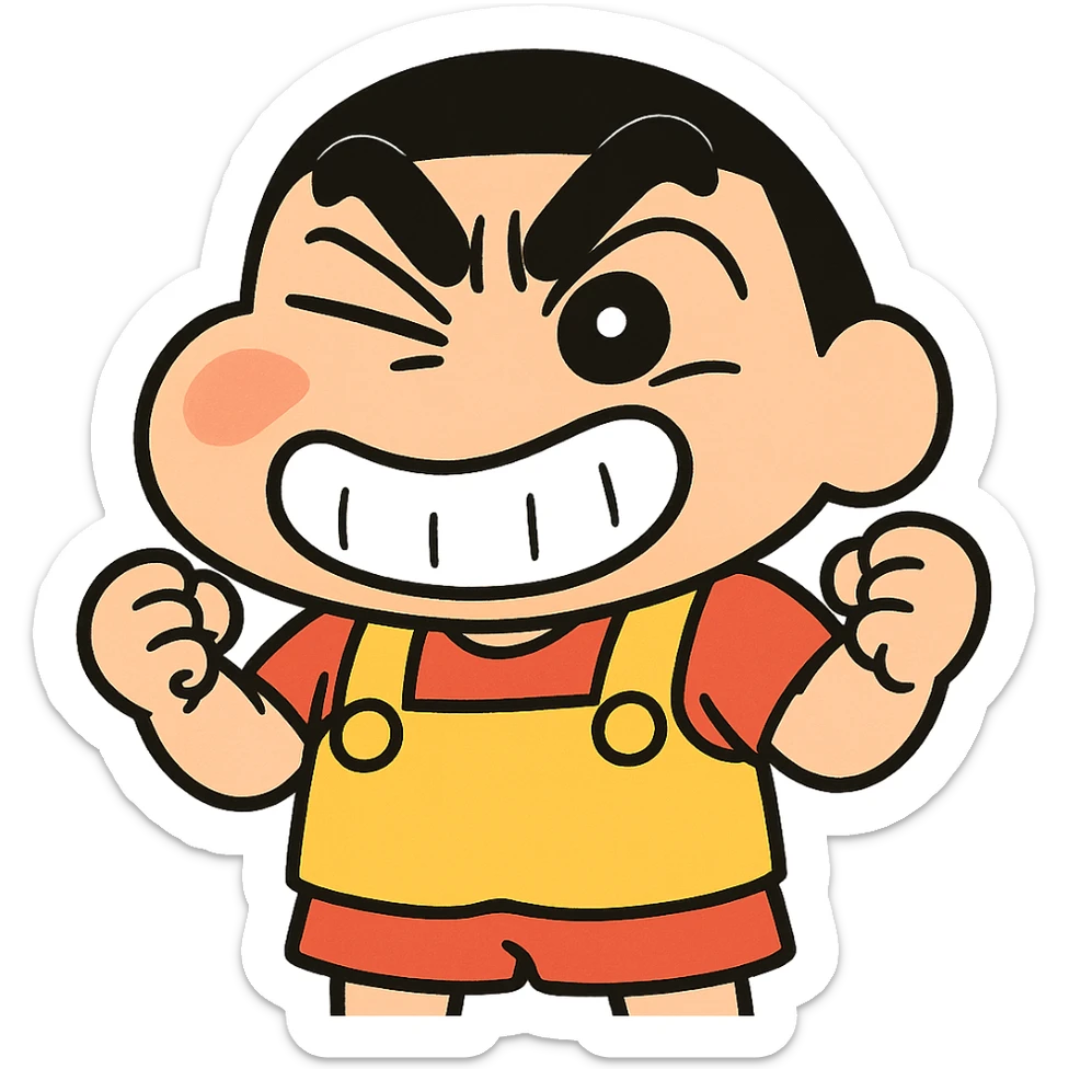 Shinchan cartoon style emoji sticker, angry and happy expressions combined, iconic black hair, red shorts, yellow overalls, simple solid or gradient background, 500x500px, transparent PNG, optional brief text description sticker
