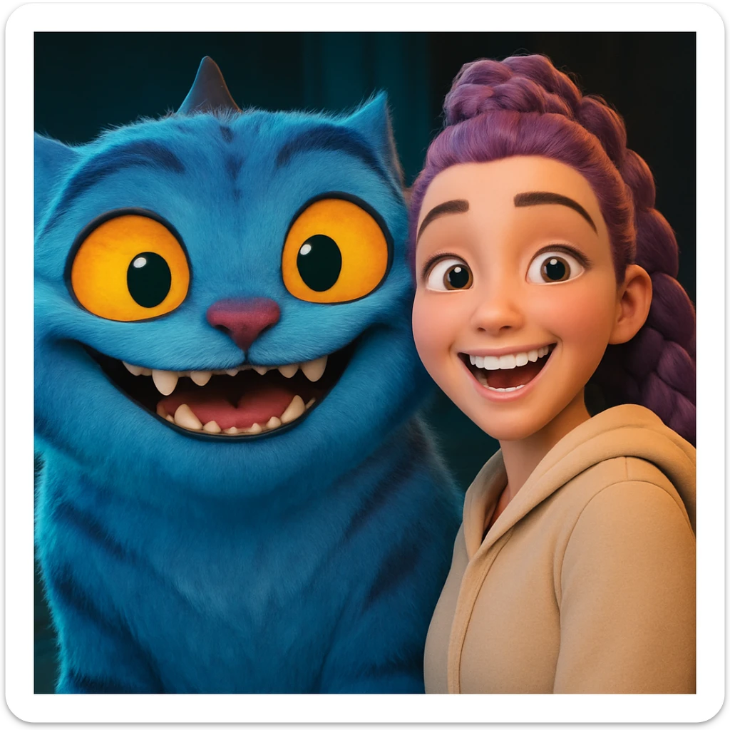 Change the girl's expression to happy with a big smile and bright eyes, keep the style and character the same, only modify her eyes and mouth. sticker