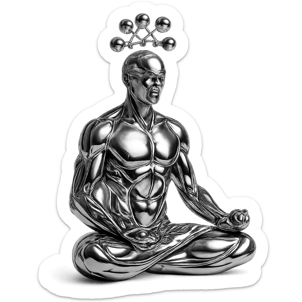 chrome style figure of a man meditating in the lotus position, with several reflective chrome spheres floating above his head in a net-like arrangement, highly metallic sticker