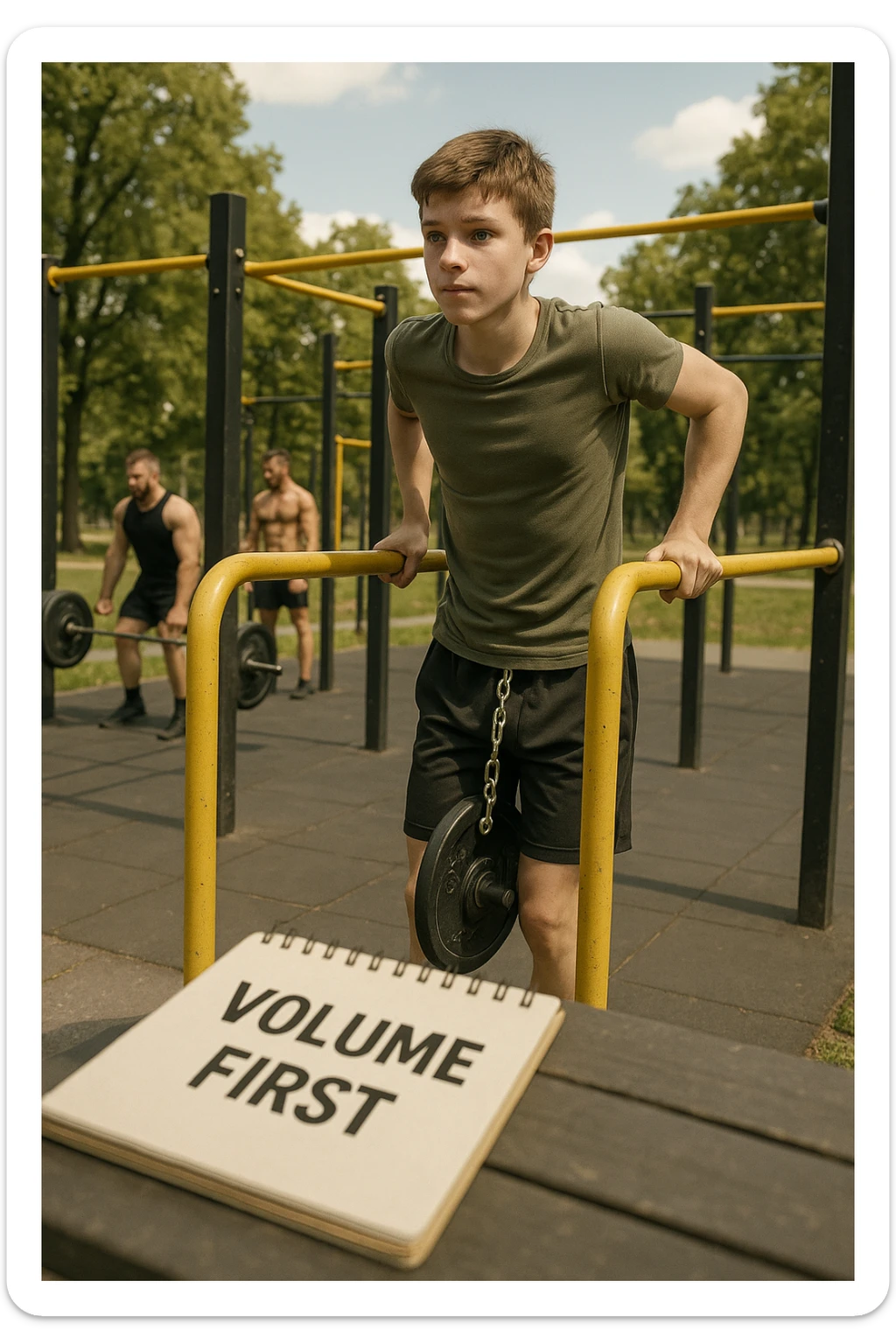 Atleta neofita giovane in un parco attrezzato per streetlifting, fisico ancora in fase iniziale. È intento a eseguire molte ripetizioni di esercizi a corpo libero con pesi leggeri (zavorra moderata), come trazioni e dip su parallele. Accanto a lui un taccuino di allenamento con la scritta 'Volume First'. L’atmosfera è luminosa e motivante, con altri atleti più muscolosi che sollevano carichi pesanti, ma lui è concentrato sul gesto tecnico e sulla costanza. Stile realistico, colori naturali, messaggio educativo su priorità all’adattamento progressivo e al volume. sticker