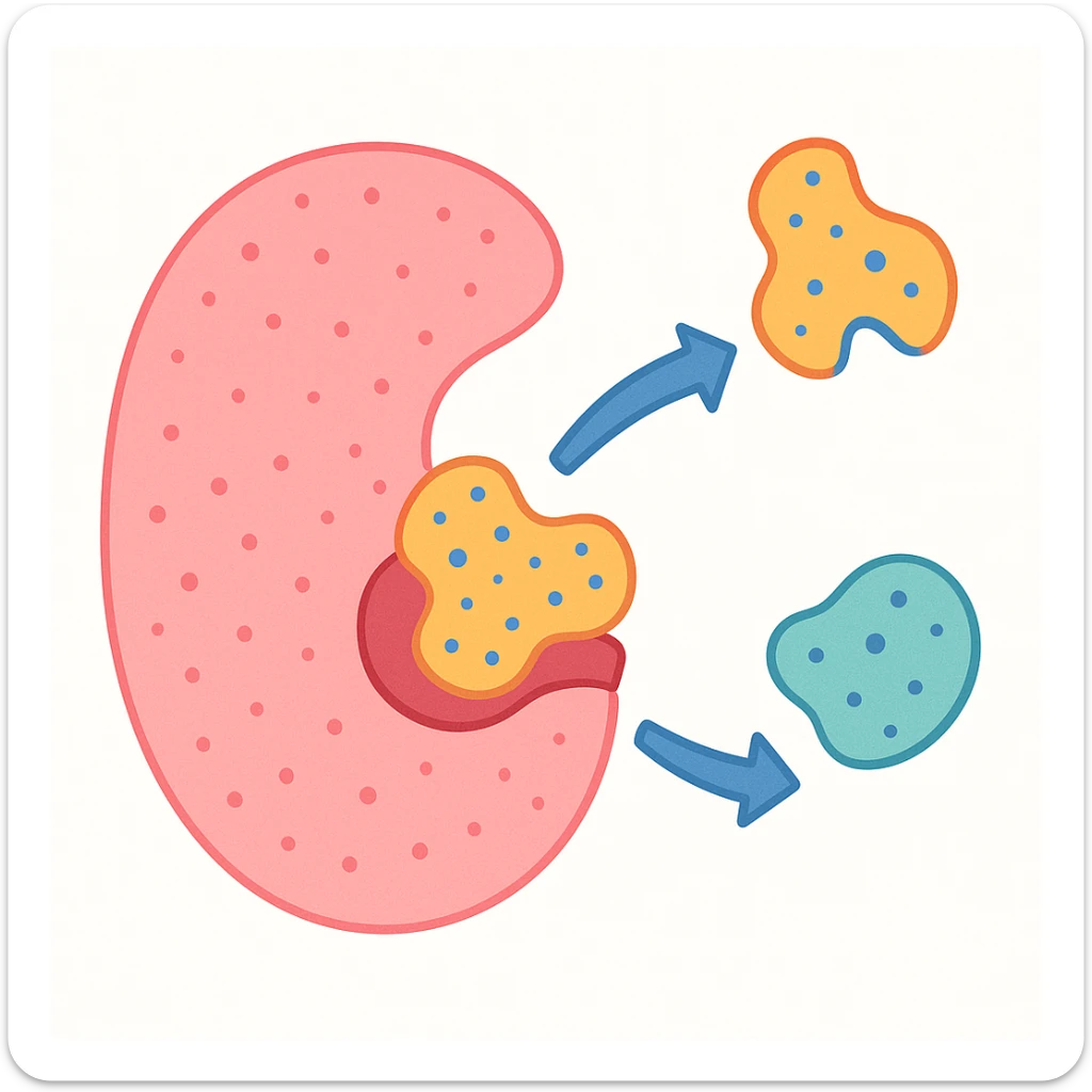 Ultra-detailed scientific illustration  (like in a school book) of enzyme digestion. Macro molecular view, clean white background, no text, no human figures or cartoon characters. Purely biological focus and really detailed sticker