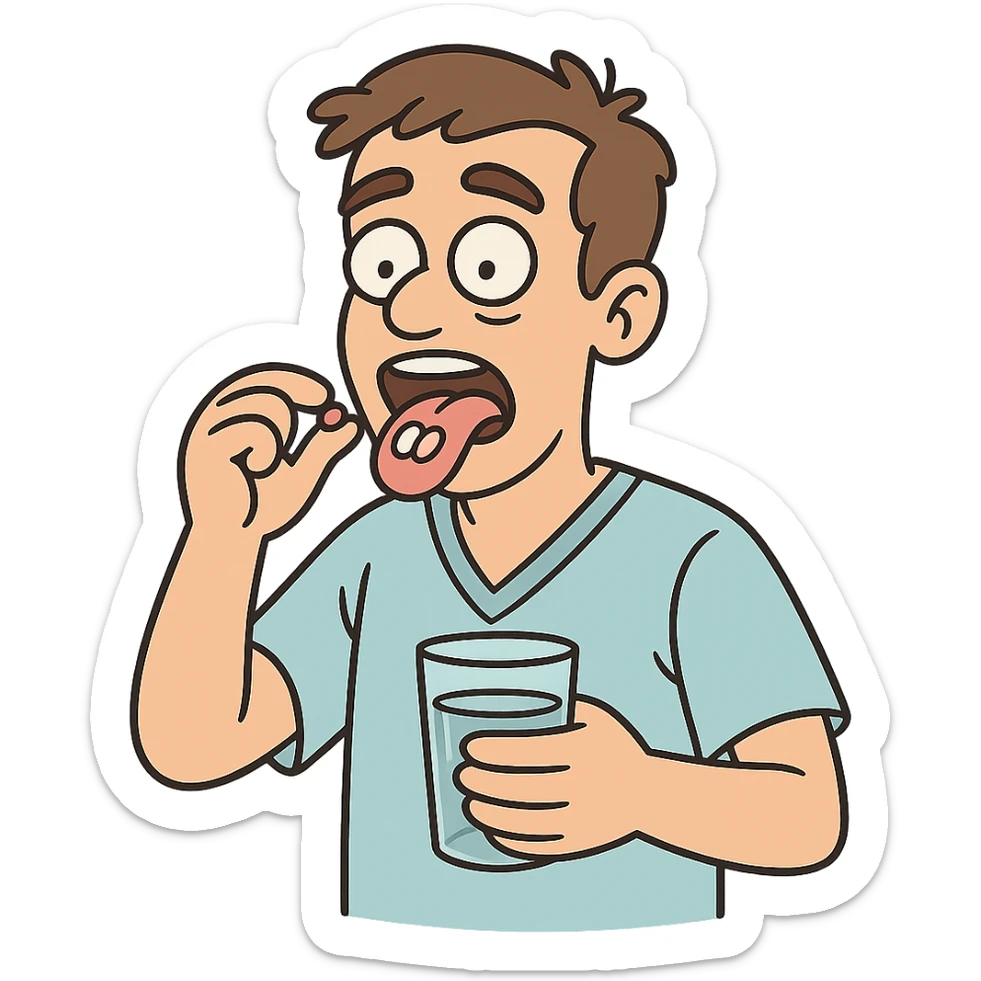 A male patient facing the front with his tongue out about to swallow two pills and holding a glass of water sticker