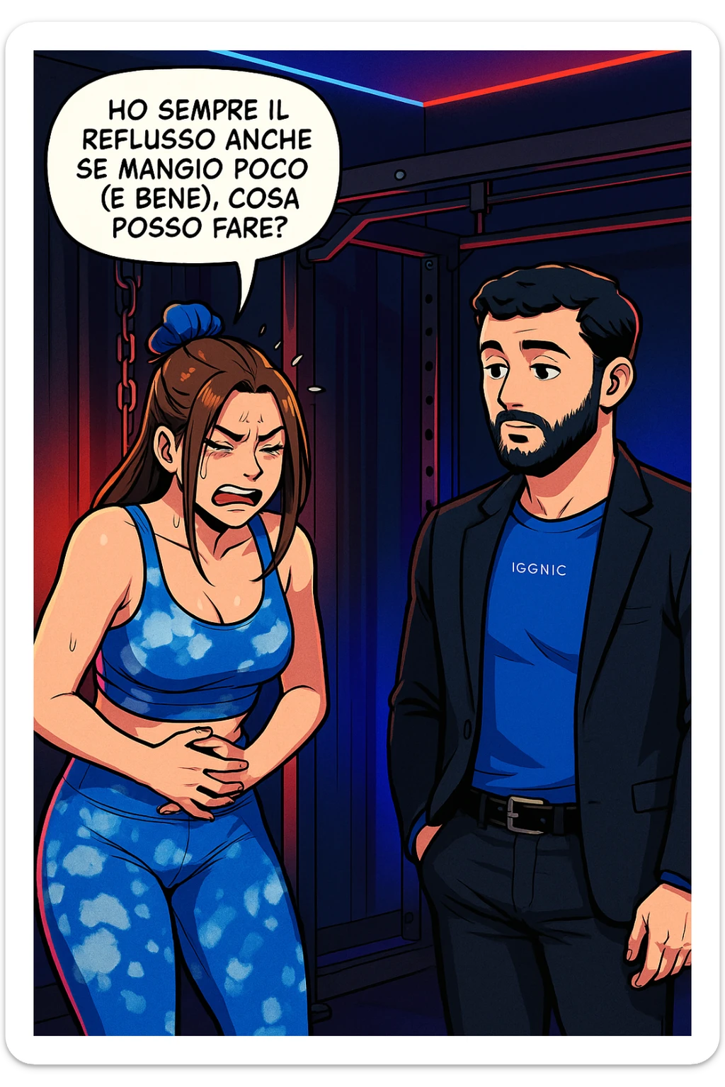 TRASFORMA QUESTO CAROSELLO IN UN FUMETTO STILE WEBTOON/MANGA A COLORI CON QUESTE DUE PERSONE IDENTICHE CHE INTERLOQUISCONO TRA LORO, LA DONNA è DISPERATA CON LE MANI sulla pania perché soffre di reflusso E STA DOMANDANDO TUTTA AGITATA UNA COSA ALL'UOMO:

LEI (DONNA): Ho sempre il reflusso anche se mangio poco (e bene), cosa posso fare?
 sticker