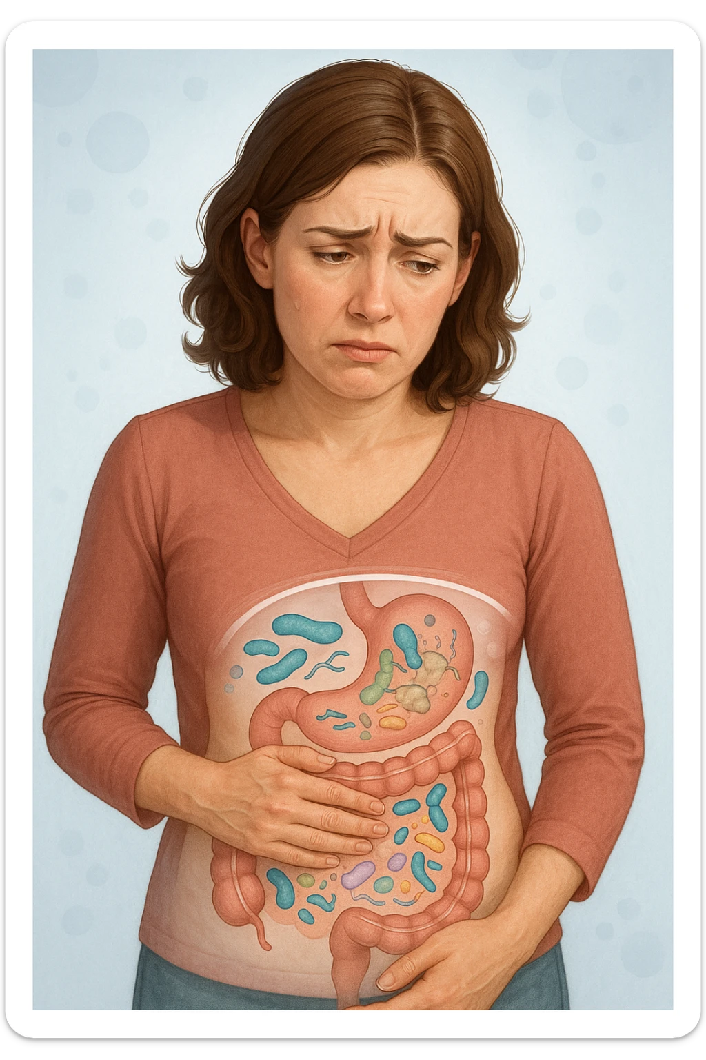 Donna con disequilibrio della flora microbica intestinale 4k sticker