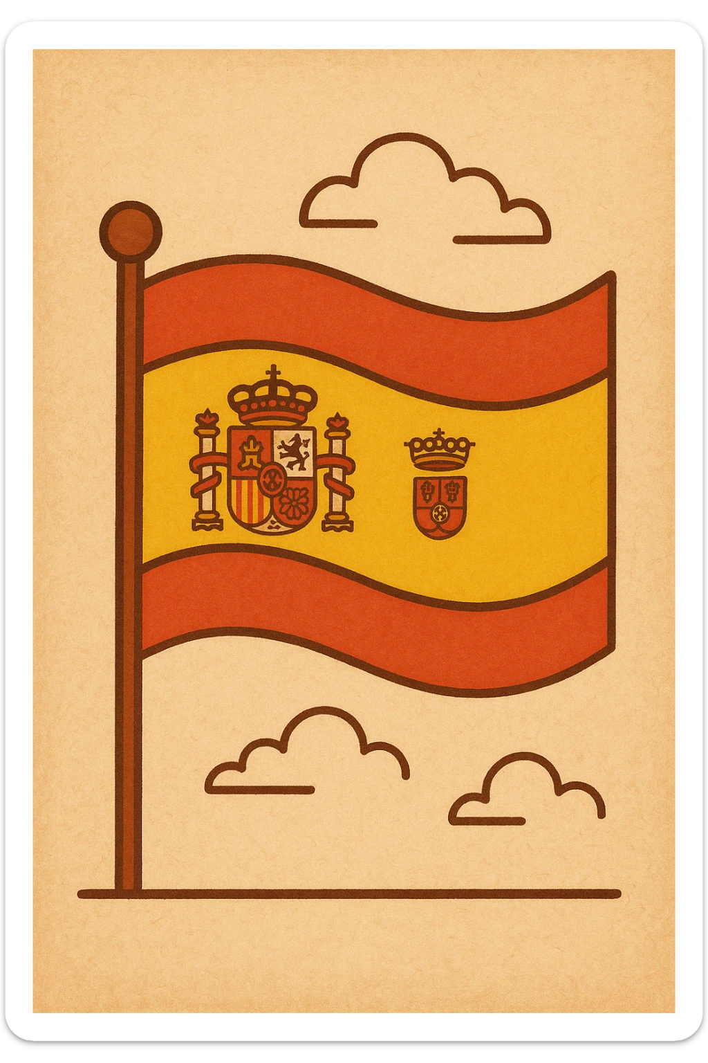 Add the Spanish coat of arms in the center of the flag, maintaining a minimalist style with bright red and yellow stripes, clean and simple design emphasizing warm colors. sticker