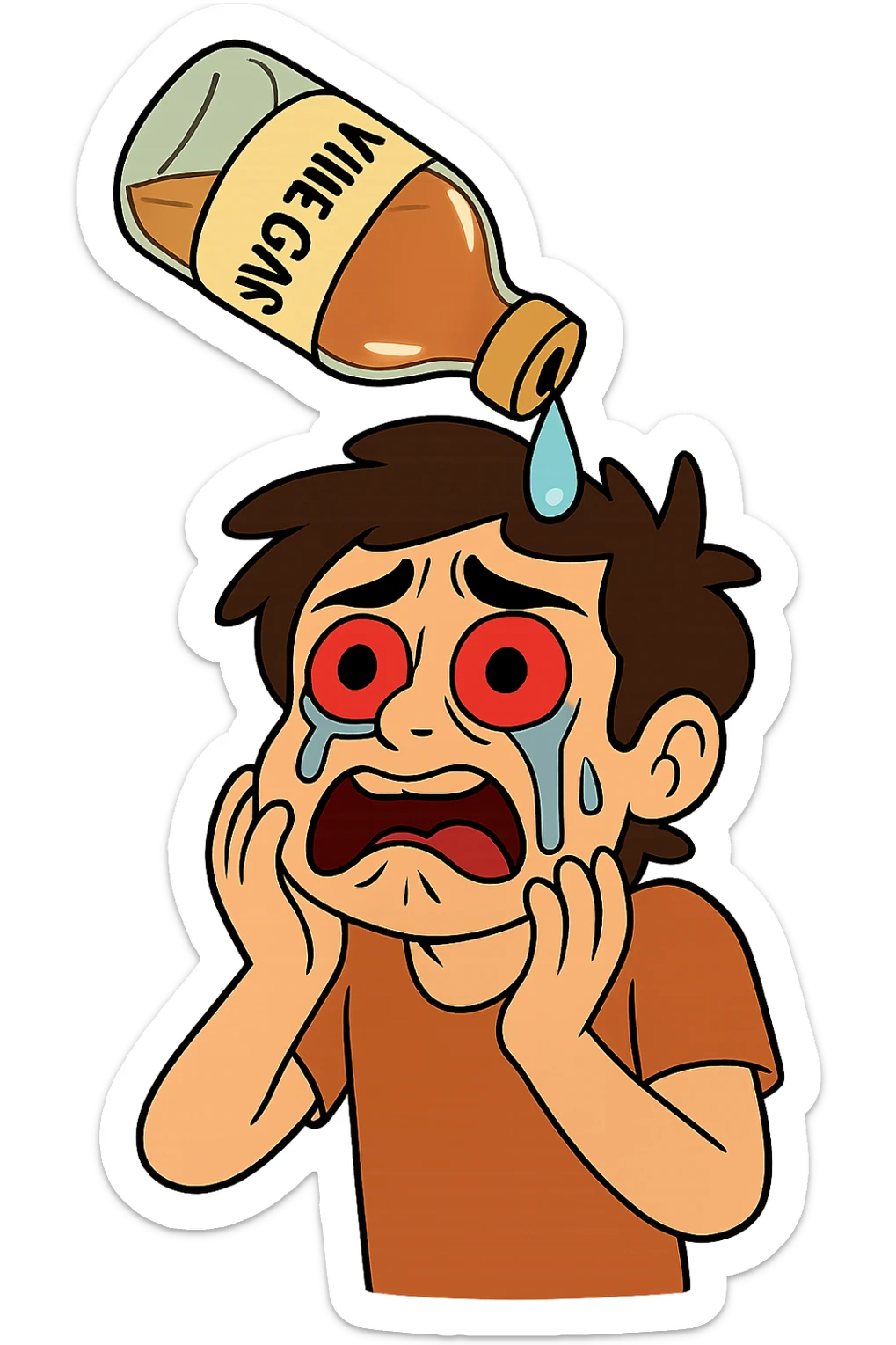 A cartoon style illustration showing a vinegar bottle above a person, with a drop of vinegar falling into their wide, red eyes with tears streaming down. The image has no background and is vivid and expressive in a cartoon style, emphasizing the vinegar bottle, the falling drop, and the teary eyes. sticker