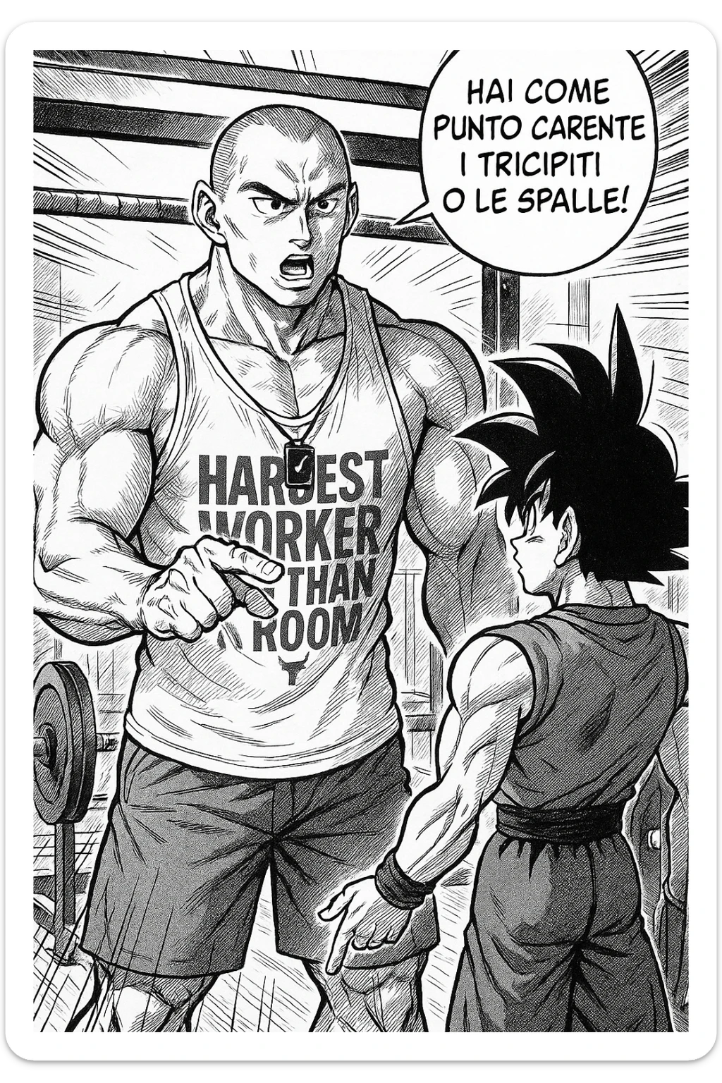 Personal trainer che dice al suo allievo, "hai come punto carente i tricipiti o le spalle!" Stile manga di Dragon Ball sticker