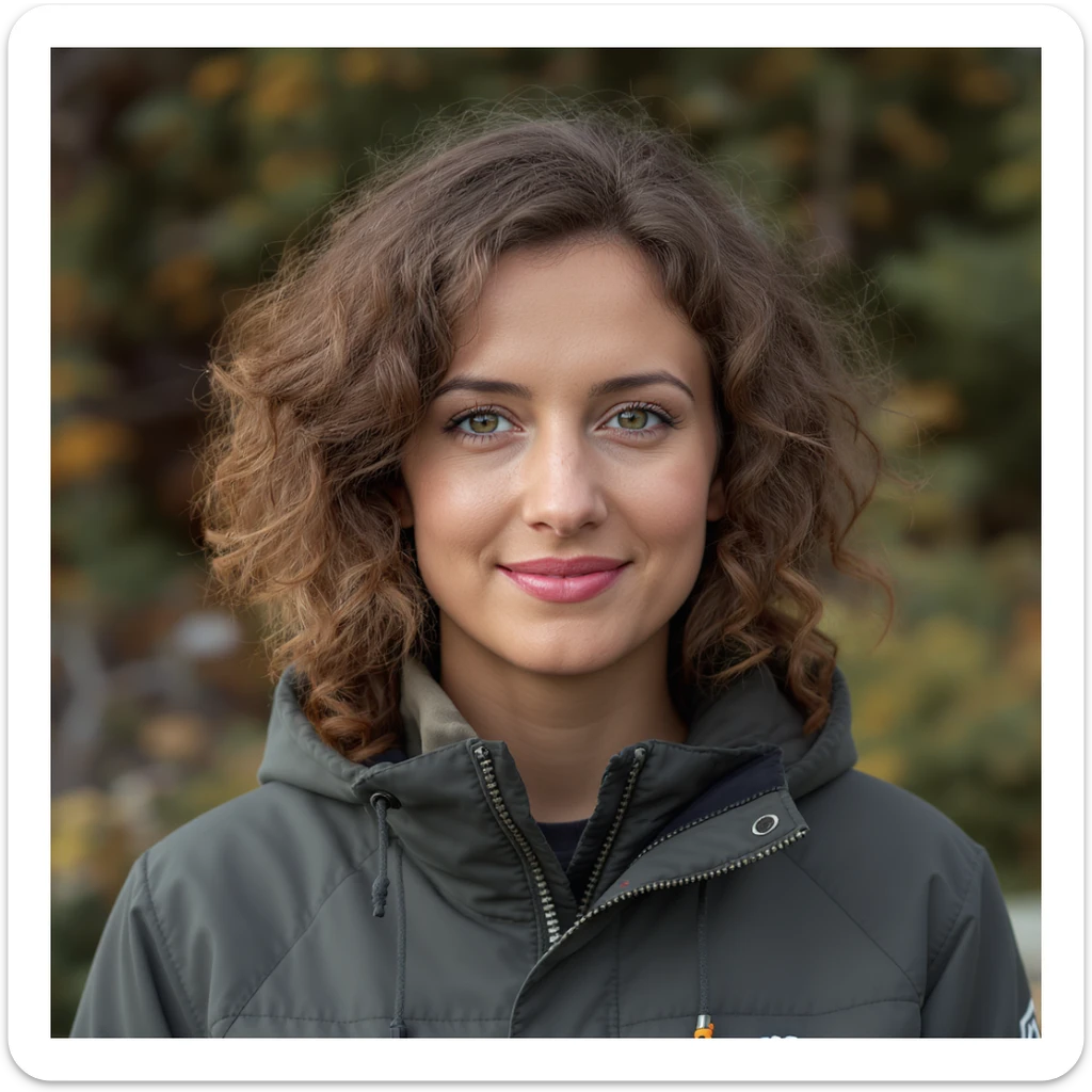 curly haired woman with shoulder length brown hair, realistic style, high detail, natural lighting sticker
