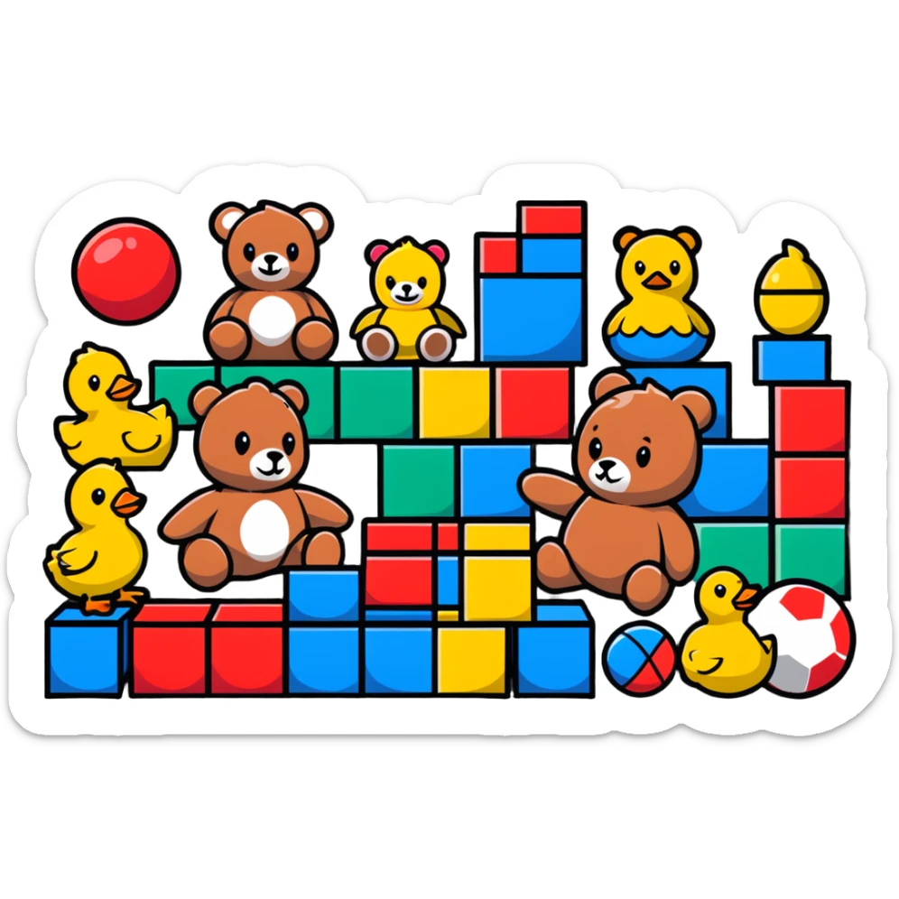 Colorful toys scattered together - teddy bear, rubber duck, toy blocks, ball, and action figures sticker