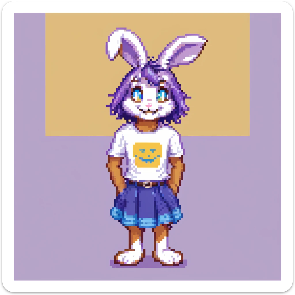 furry anthro male bunny with purple hair, blue eyes, purple and white fur, t-shirt and skirt, pixel art style, smiling sticker