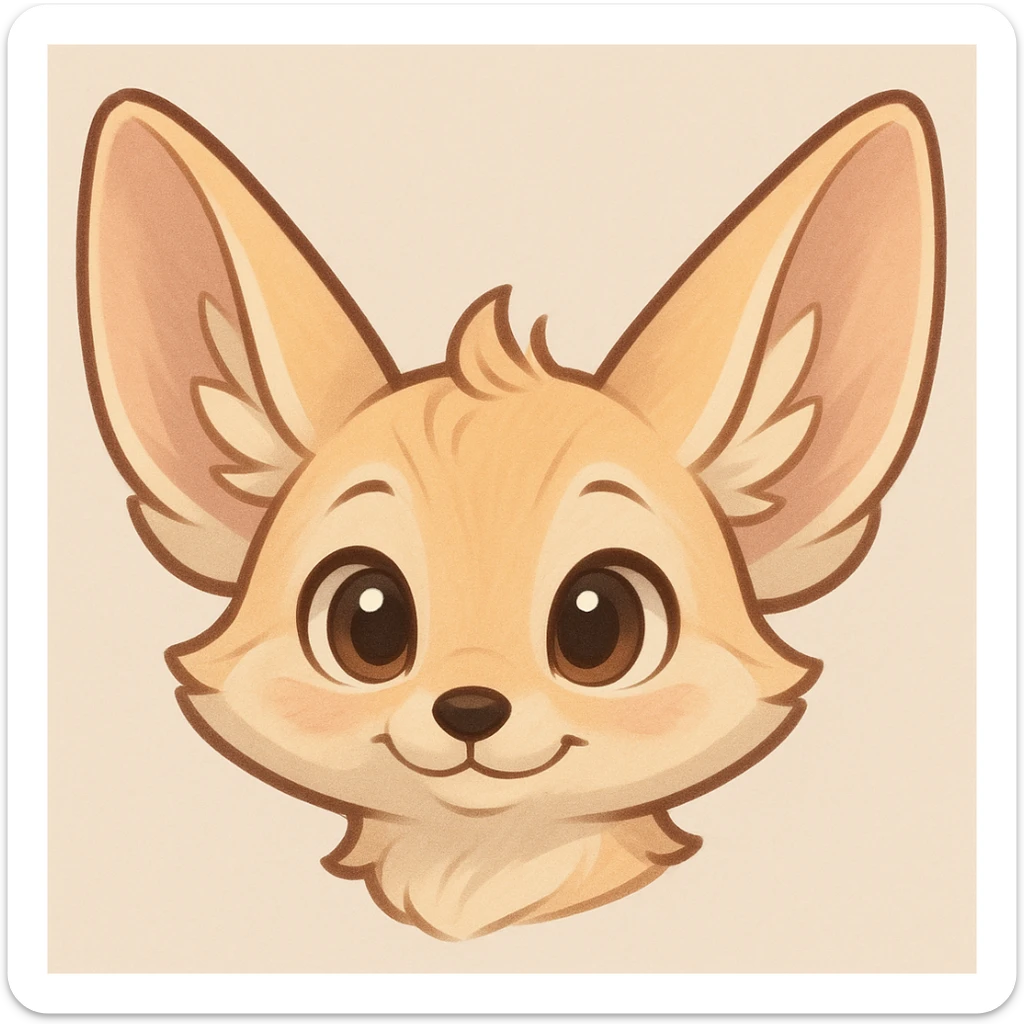 head of a fennec fox, stylized, cartoonish, big eyes, soft colors sticker