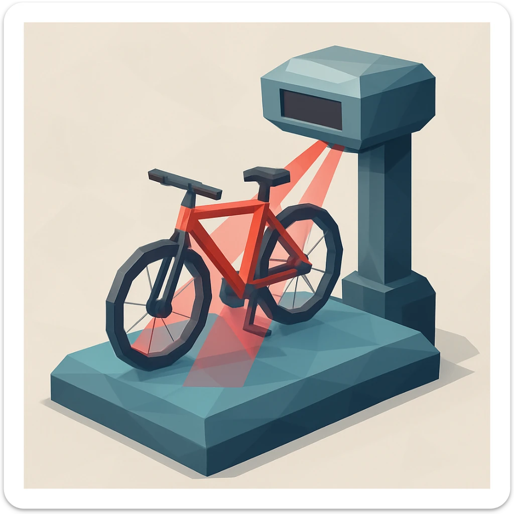 3D polygonal illustration of a bike scanner, showing a bicycle on a platform with scanning lasers and geometric shapes sticker