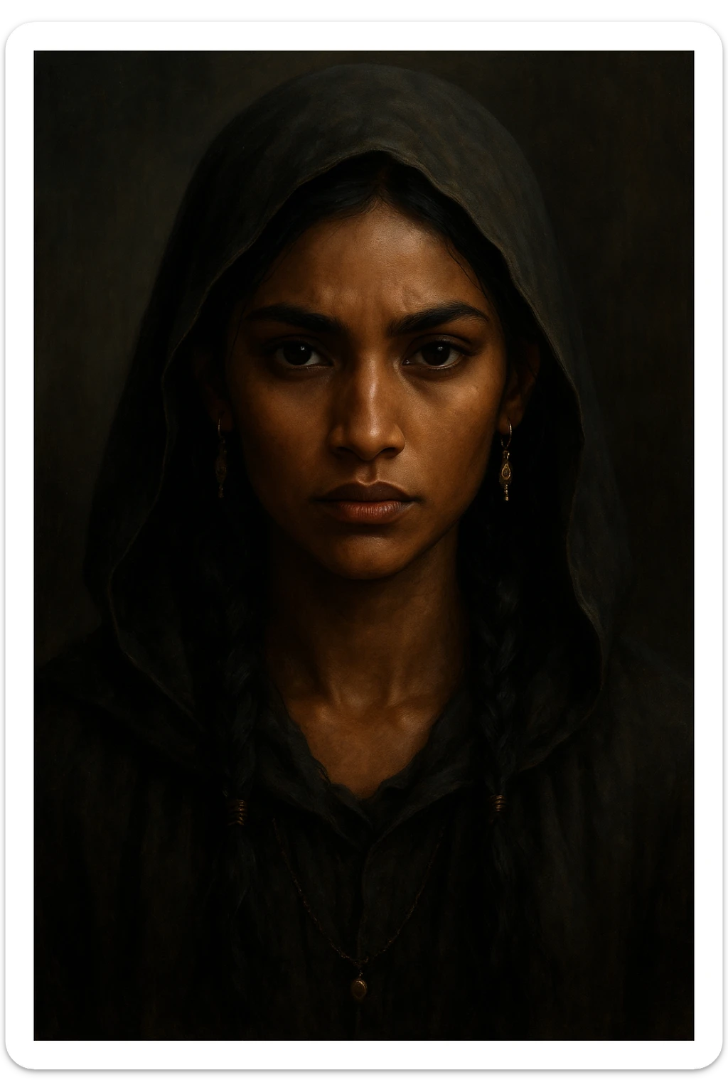 Inej Ghafa from Six of Crows, close-up portrait, Suli features, dark eyes, wearing a hood, soft but fierce expression, subtle jewelry sticker