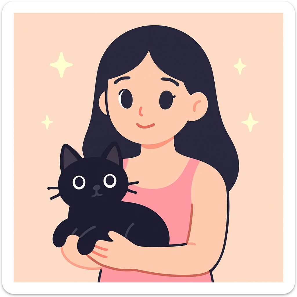 pretty woman with black hair and brown eyes, wearing a pink tank top, holding a black cat, friendly and appealing style sticker