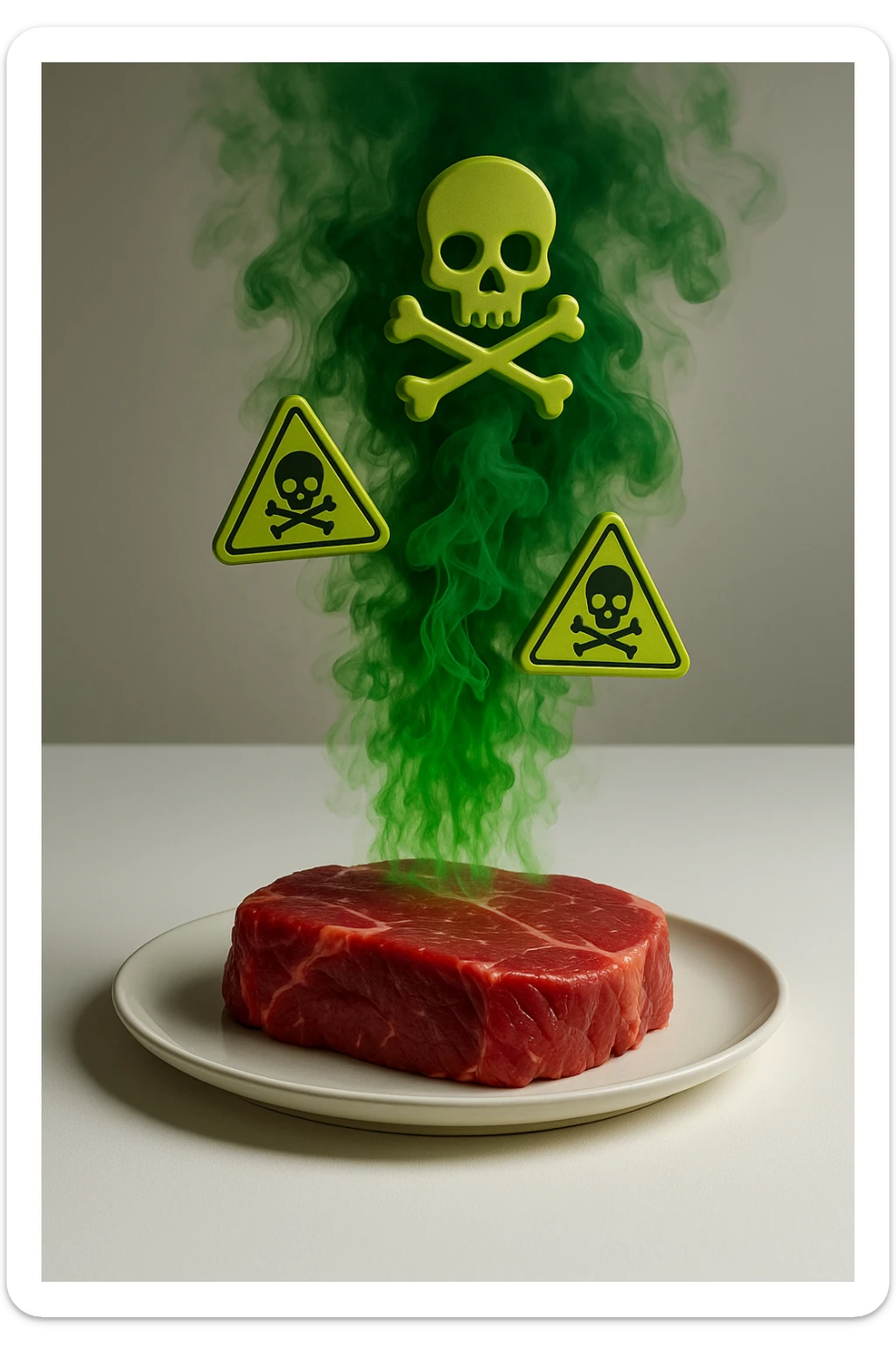 SU UN TAVOLO BIANCO MINIMAL. C'è UN PIATTO CON CARNE ROSSA CHE EMANA UN FUMO VERDE TOSSICO INSIEME A SIMBOLI 3D DI TOSSICITà, MOLTO REALISTICA E DETTAGLIATA, 4K sticker