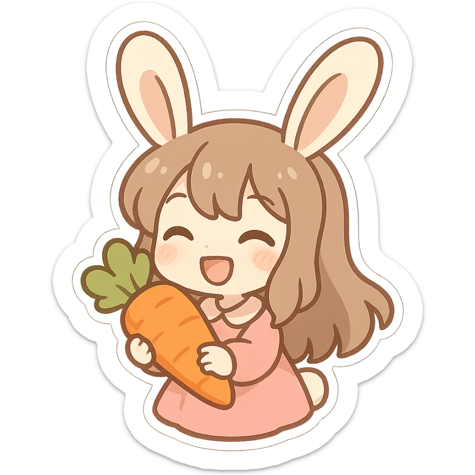 bunny girl with long ears and a carrot, cheerful and cute, chibi stickers style sticker
