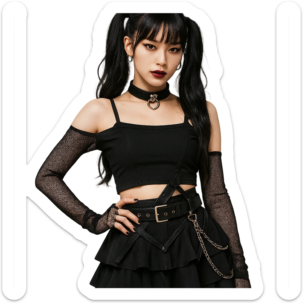 gothic K-pop girl, stylish black stage outfit, trendy hair, confident pose, dark and edgy pop style sticker