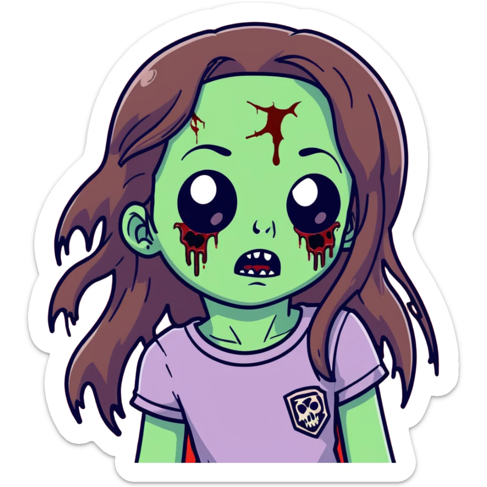 Girl zombie with long flowing brown hair, decaying pale green skin, and creepy undead expression sticker