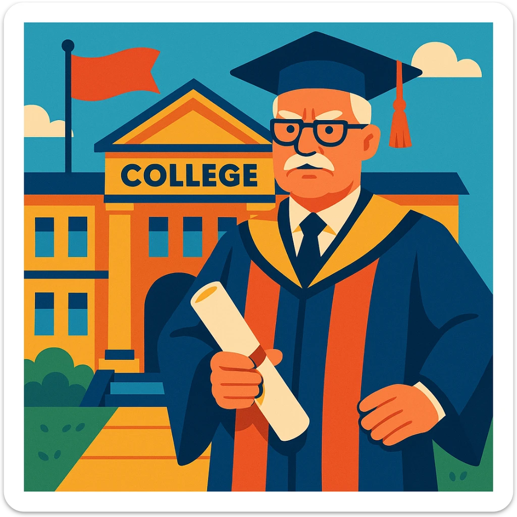 A ceremonial college director standing at the entrance of the college holding a scroll or diploma, with the college building and a flag in the background, exuding authority and quality. sticker