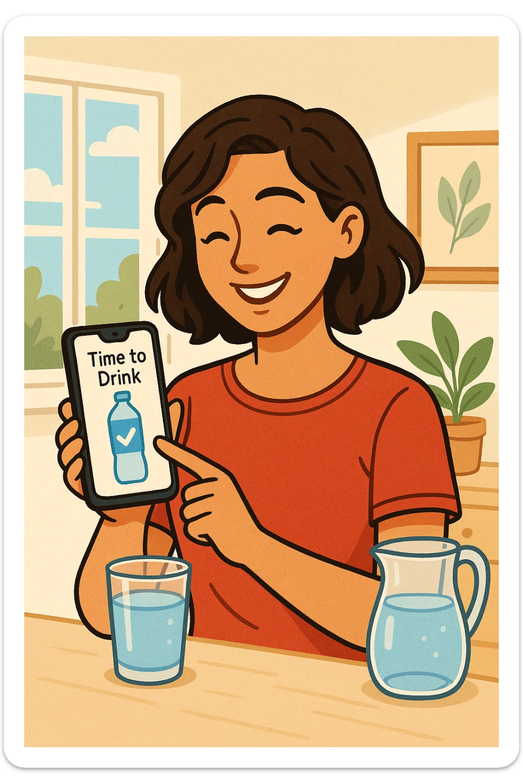 Donna che usa App per ricordarsi di bere, altrimenti non beve mai in italiano sticker