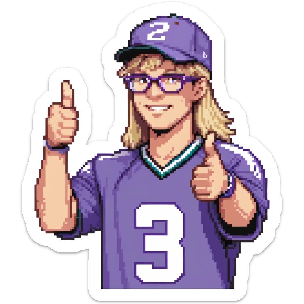 Man with black and white cap, purple sports jersey with number 32, clear glasses, light blond mullet hairstyle, thumbs up gesture sticker