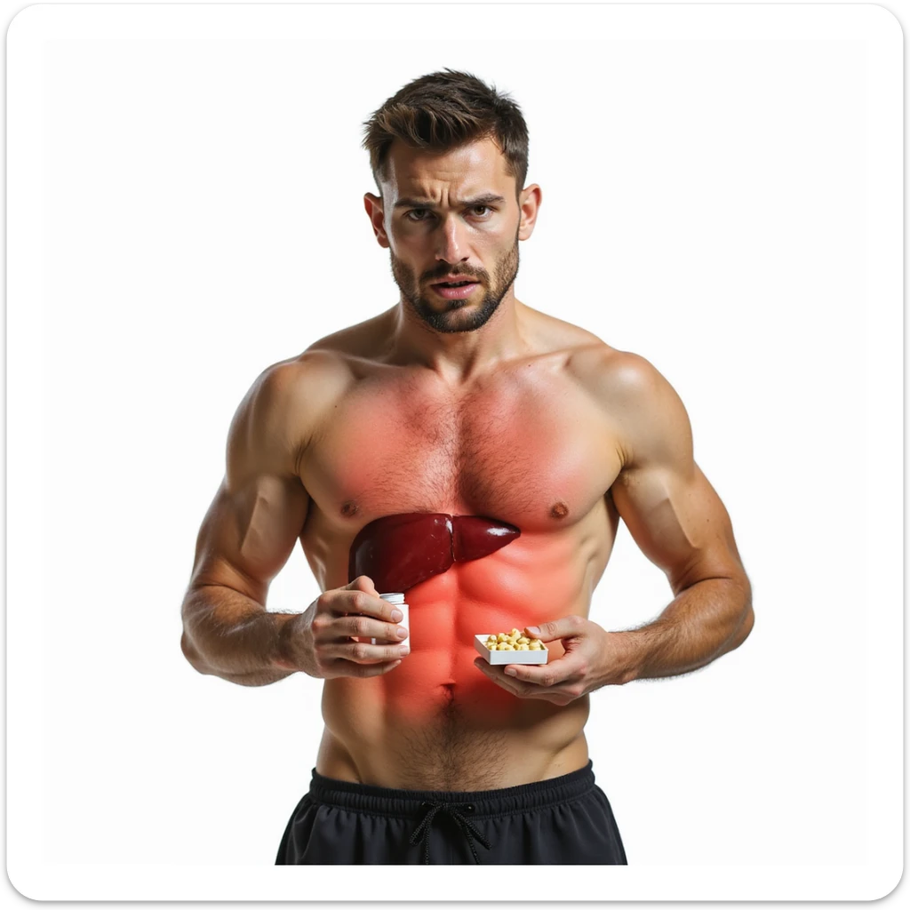 inexperienced athlete showing red swollen liver area, holding a box of pills, worried look, realistic details, isolated on white background sticker