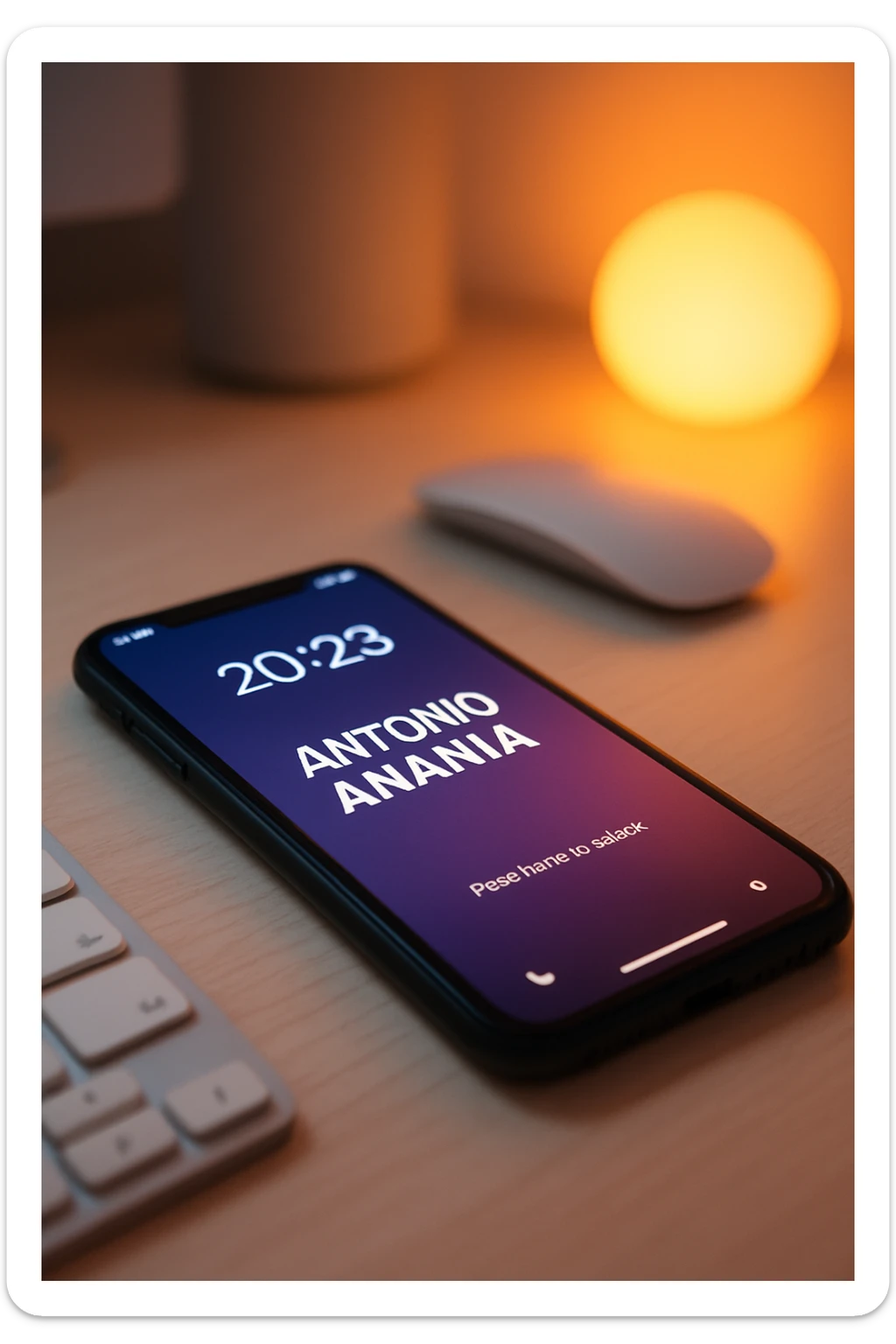 A photo of an iPhone on the desk with the message "Antonio Anania" on its screen, The phone sits atop a desk with a blurred background that suggests work environment. A faint glow from above casts gentle shadows across the surface of each object, creating depth and highlighting their textures sticker