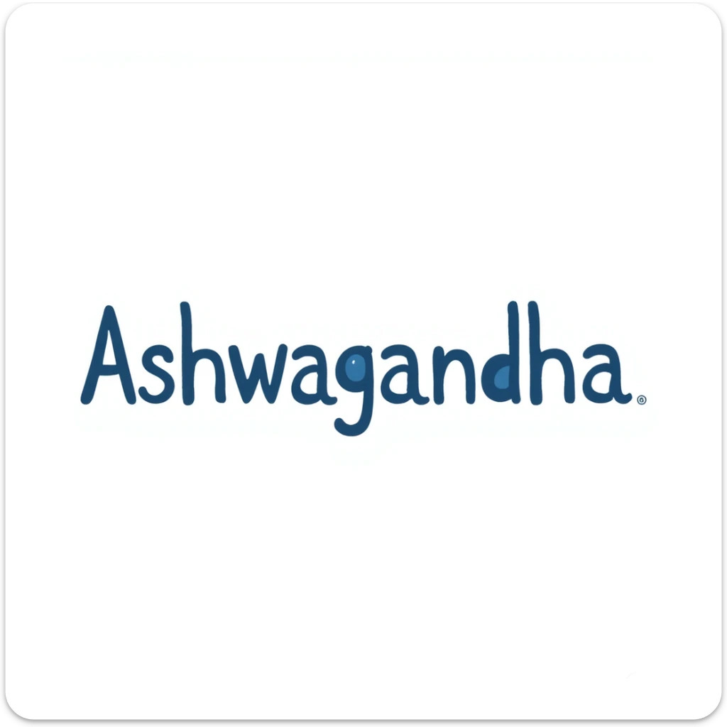 The word "Ashwagandha" hand-drawn in a cool blue and purple color palette. Simple doodle style with minimal decoration. sticker