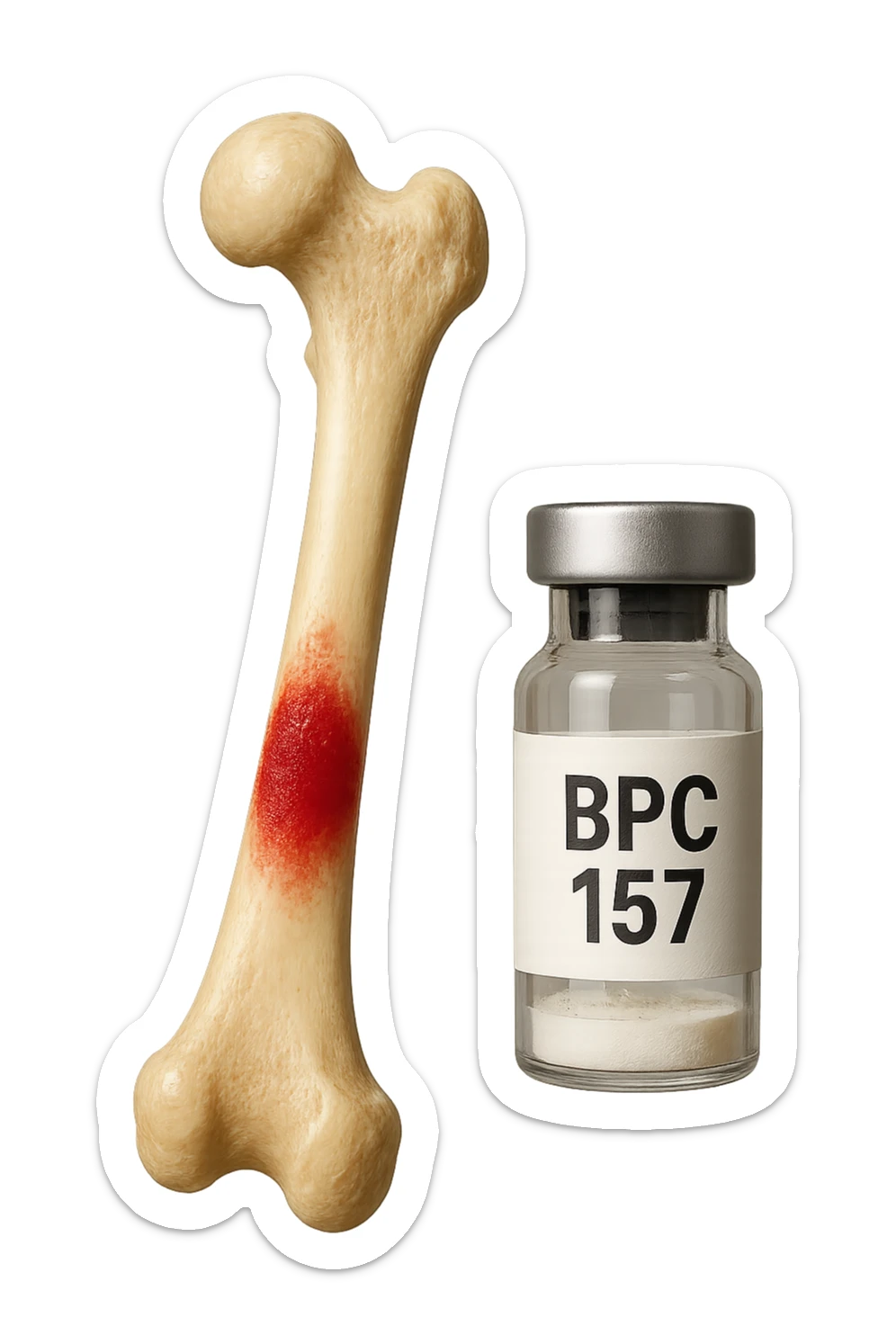 osso umano con red spot fluttua insiema a fiala medica con la scritta "BPC 157" SULL'ETICHETTA, iperrealistiche 4k sticker