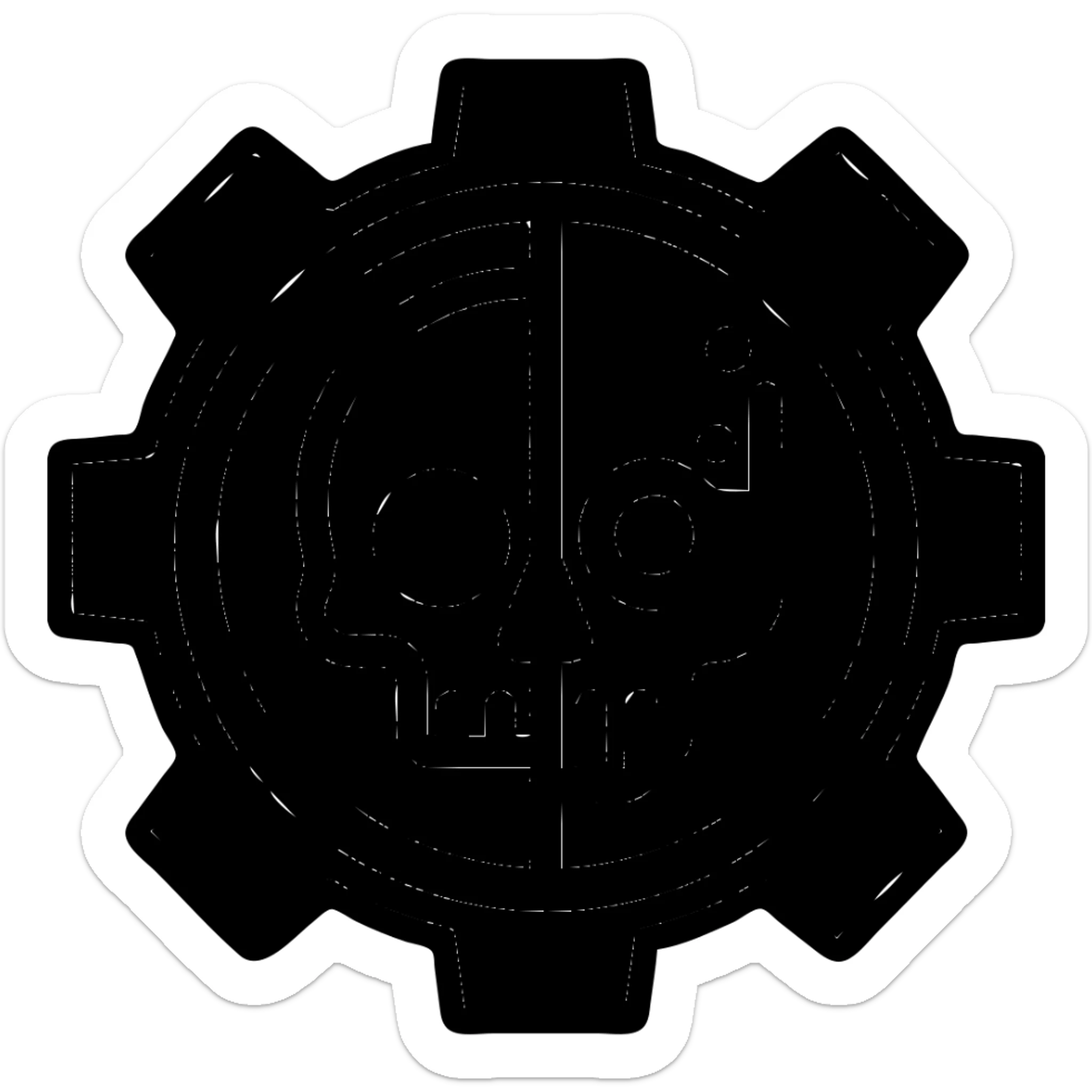 Add red and black color to the Warhammer 40k Adeptus Mechanicus symbol: half human, half robotic skull inside a gear, sharp lines, logo style, preserve transparent background. sticker