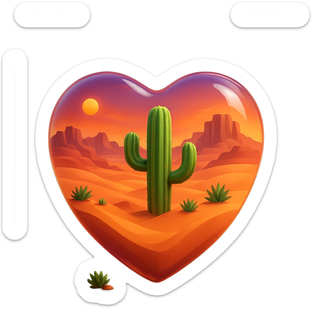 Add a glowing sunset inside the glass heart, with a sky of orange, pink, and purple hues above the desert landscape. Keep the glass effect and no background. sticker