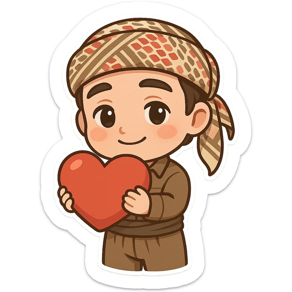 Kurdish man or woman in jamadani, cartoon style, holding a big red heart, affectionate expression, no text sticker