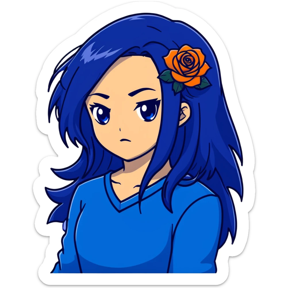 head portrait of anime girl with long dark blue hair, blue rose in hair, intense glaring blue eyes, dramatic JoJo's Bizarre Adventure style expression, sharp angular features, extreme close-up, dynamic pose sticker