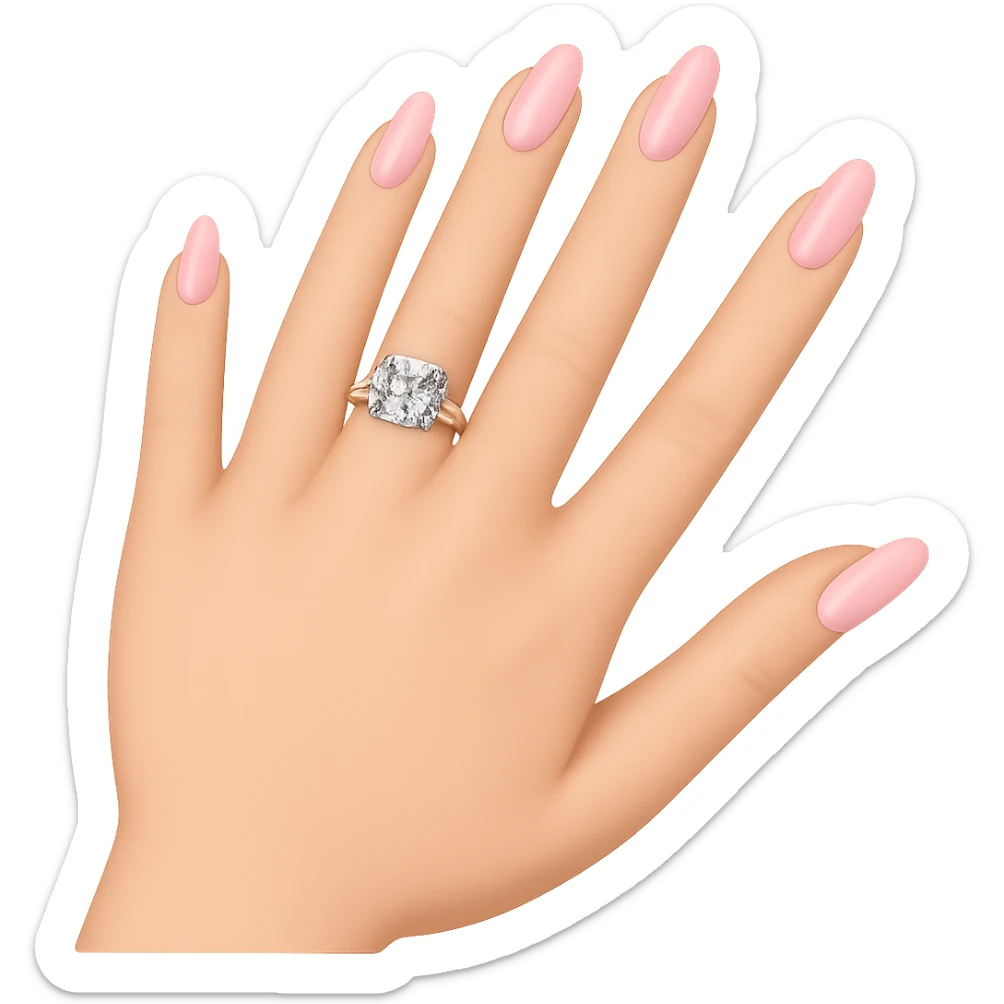 Edit the image to depict a woman's hand with 5 fingers, long light pink nails, and an engagement ring, in an emoji style with a transparent background. sticker