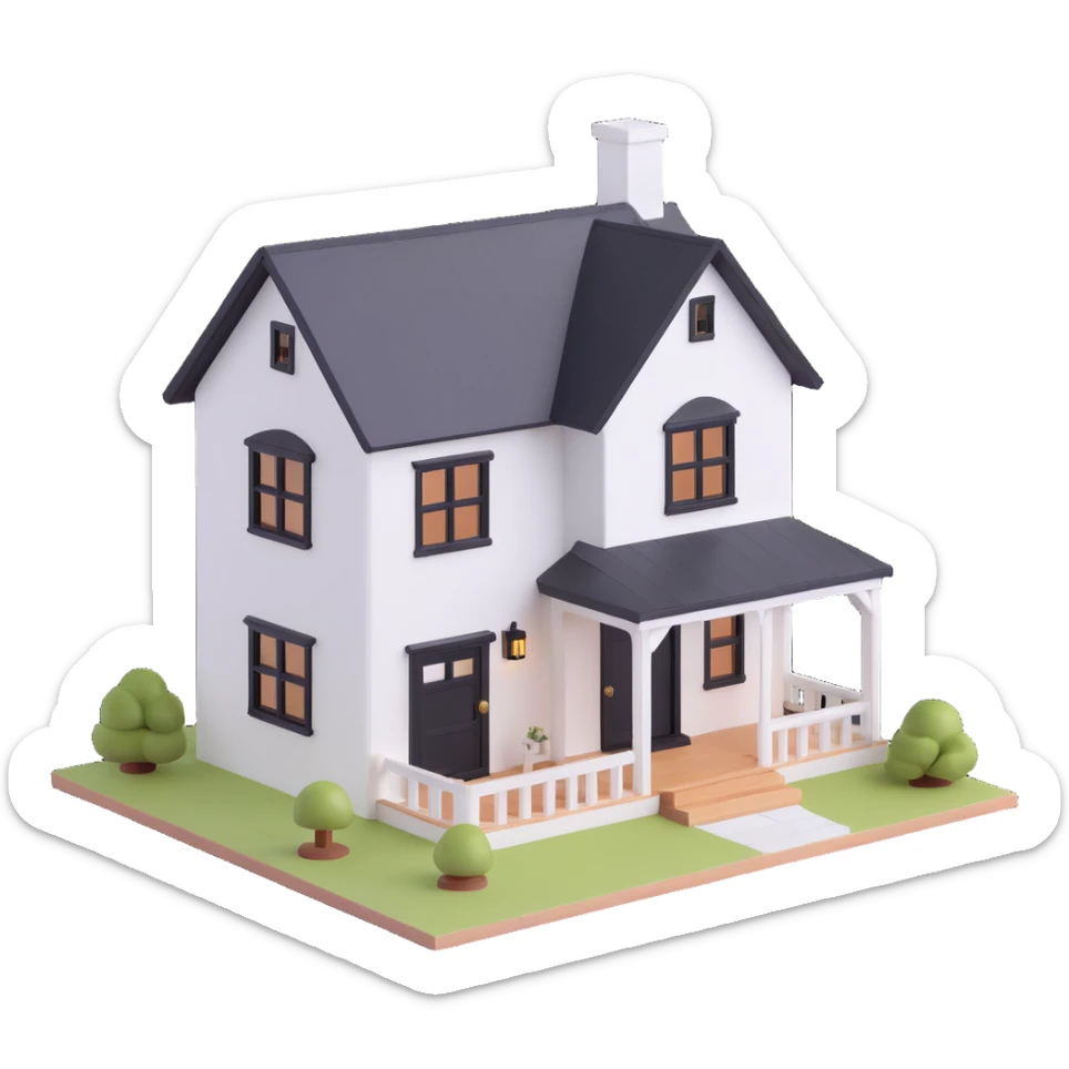 modern farmhouse dollhouse, white with black trim and wooden accents, 3d isometric  sticker