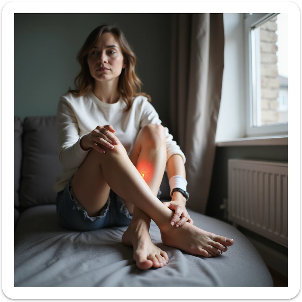 woman sitting with one leg raised, holding foot with expression of pain, painful knees, caused by orthotic insole, realistic style, white background sticker
