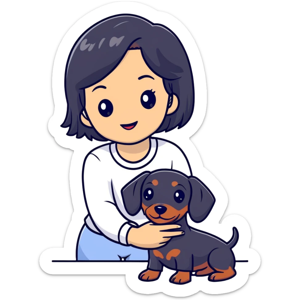 black hair asian girl taking selfie with black dachshund sticker