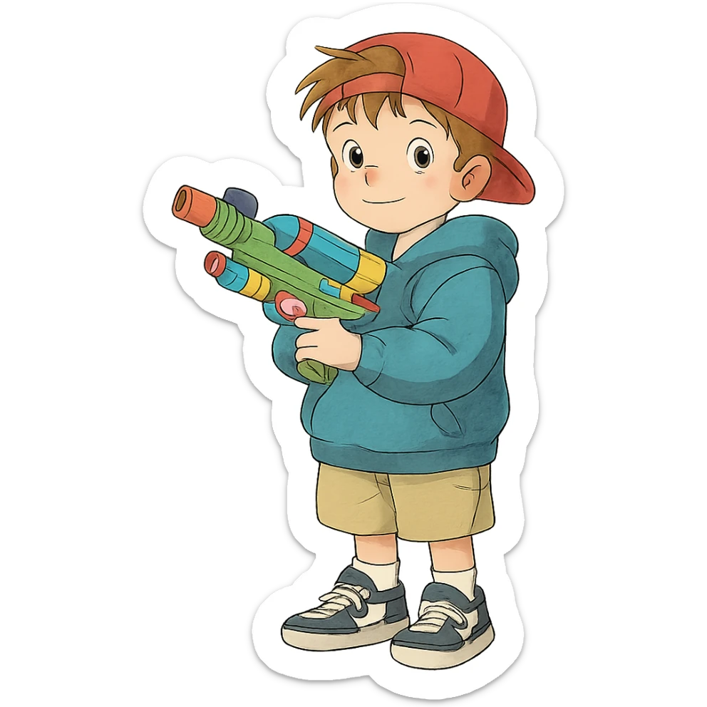 ghibli style little white kid in streetwear, holding a colorful toy gun, whimsical sticker