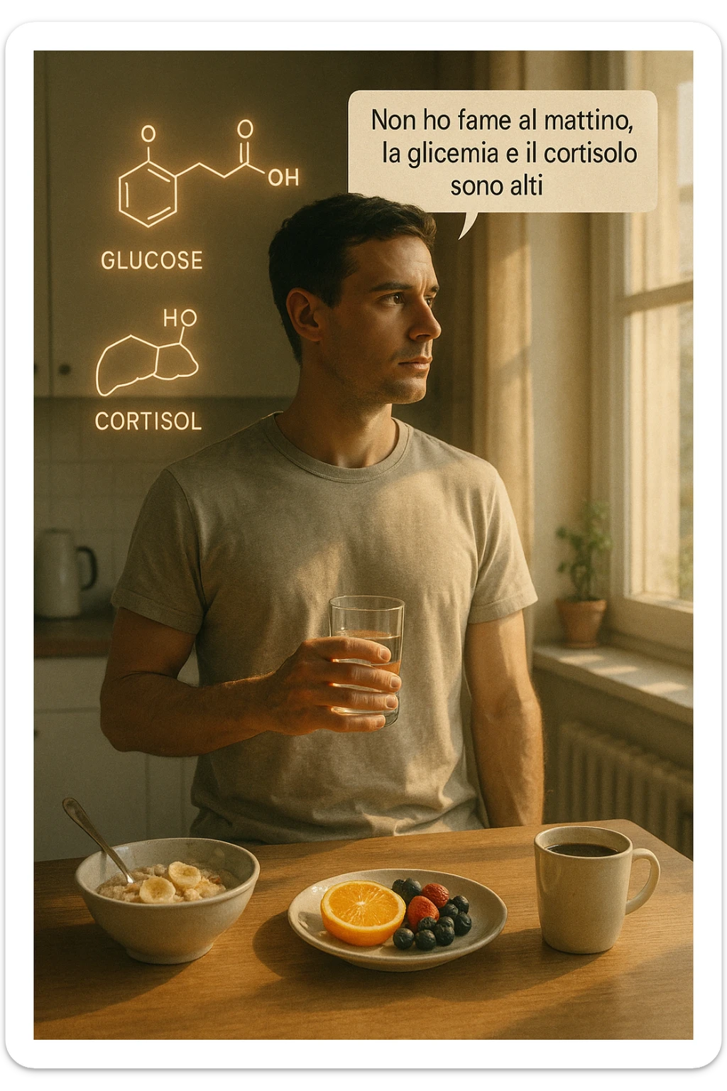 A realistic, cinematic illustration of a man in his early 30s with a lean, healthy build, standing calmly in a bright, minimal kitchen in the early morning. On the kitchen table, there is a prepared but untouched healthy breakfast (oatmeal, fruit, coffee). The man, with a neutral and focused expression, holds a glass of water while looking out of the window where morning sunlight enters. Above him, subtle glowing medical icons display: a glucose molecule, a cortisol hormone symbol, and a liver icon, indicating high morning blood sugar and cortisol levels. A small speech bubble or text overlay says: ‘Non ho fame al mattino, la glicemia e il cortisolo sono alti.’ The scene conveys a sense of calm, clarity, and body awareness, showing that the man consciously avoids breakfast due to physiological signals rather than restrizione. The style is realistic, warm, with a slight film grain, emphasizing health and conscious self-regulation. in italiano sticker