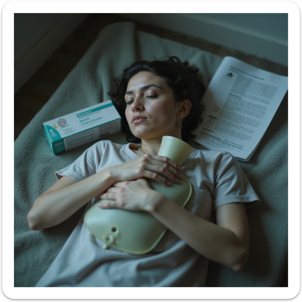 hyperrealistic 4K image of a woman lying on a bathroom mat, hugging a hot water bottle, medical reports with 'Crohn' and biologic drug box next to her, vacant look, very pale skin and signs of fatigue sticker