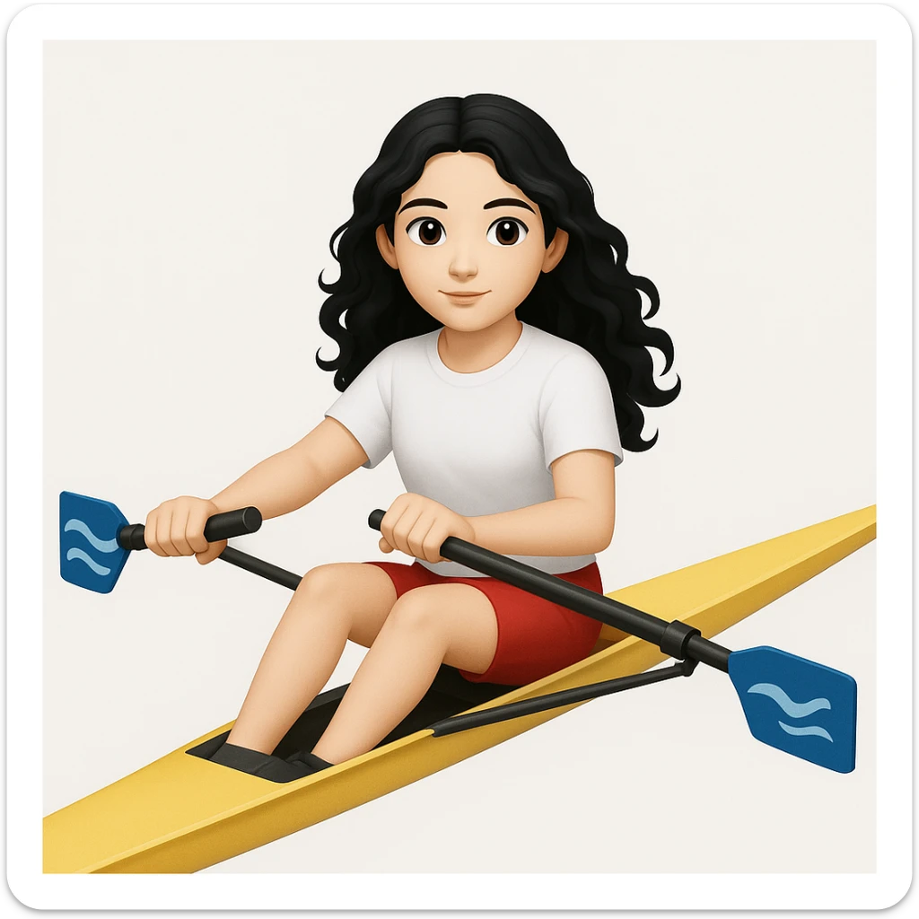 Altındaki tekneyi olimpik kürek sporu için uygun, uzun ve ince yarış teknesi olarak değiştir. Kız siyah uzun dalgalı saçlı, beyaz tenli, kırmızı şort ve beyaz kısa kollu tişörtle olimpik kürek sporu yapıyor sticker