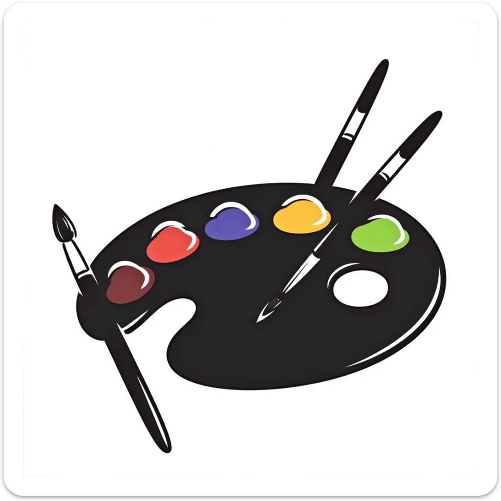 Detailed artist's palette with colorful paint blobs, palette holes, and paintbrushes nearby. Detailed and intricate doodle style. sticker