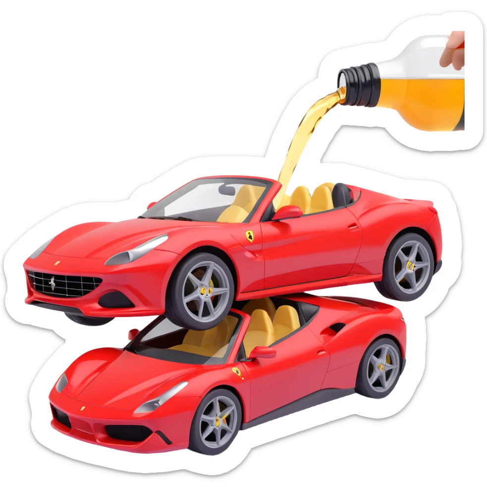 Change the scene so the beer is being poured out directly onto a red sports car, playful and respectful, keep the Ferrari vibe, no text, no glass. sticker