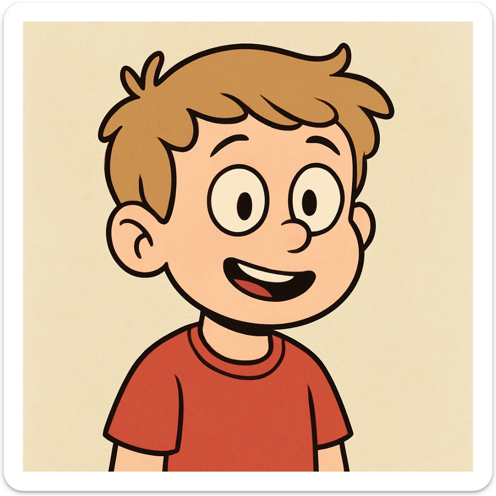little boy with brownish blonde hair, wearing a red shirt, friendly expression, simple background, cartoon style sticker