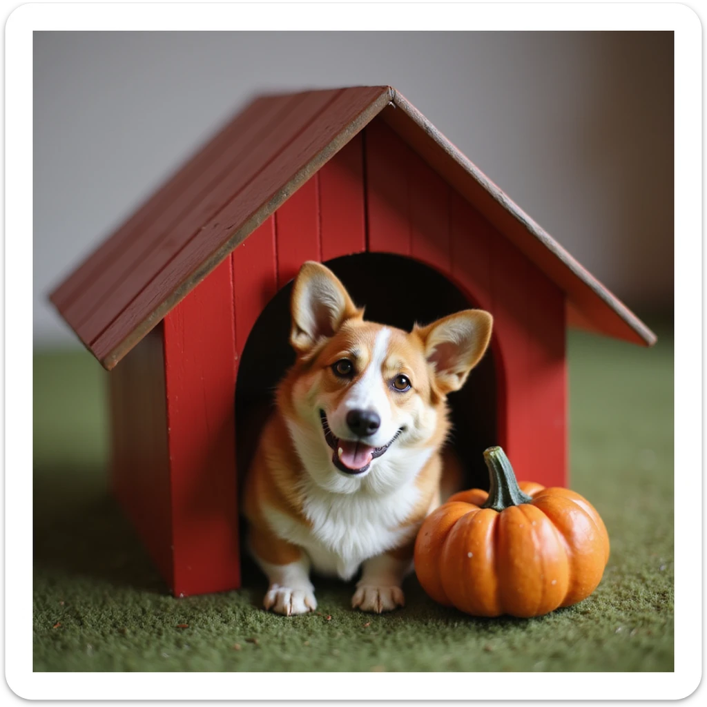 realistic red dog house with a Corgi dog inside, Corgi with a pumpkin, photorealistic style sticker