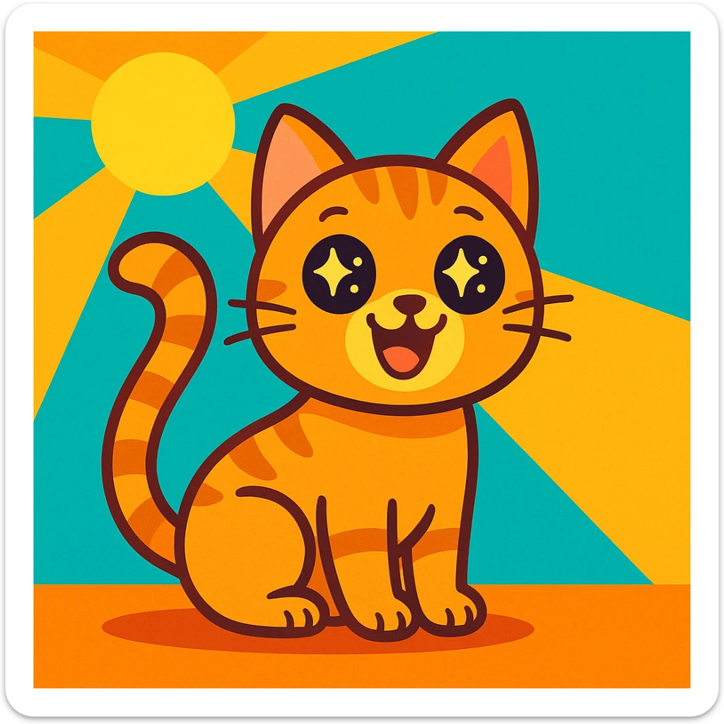 cute cartoon-style cat sitting with big sparkling eyes, wide smile, tail up and curling in joy, sunny background, bright colors, vector style sticker