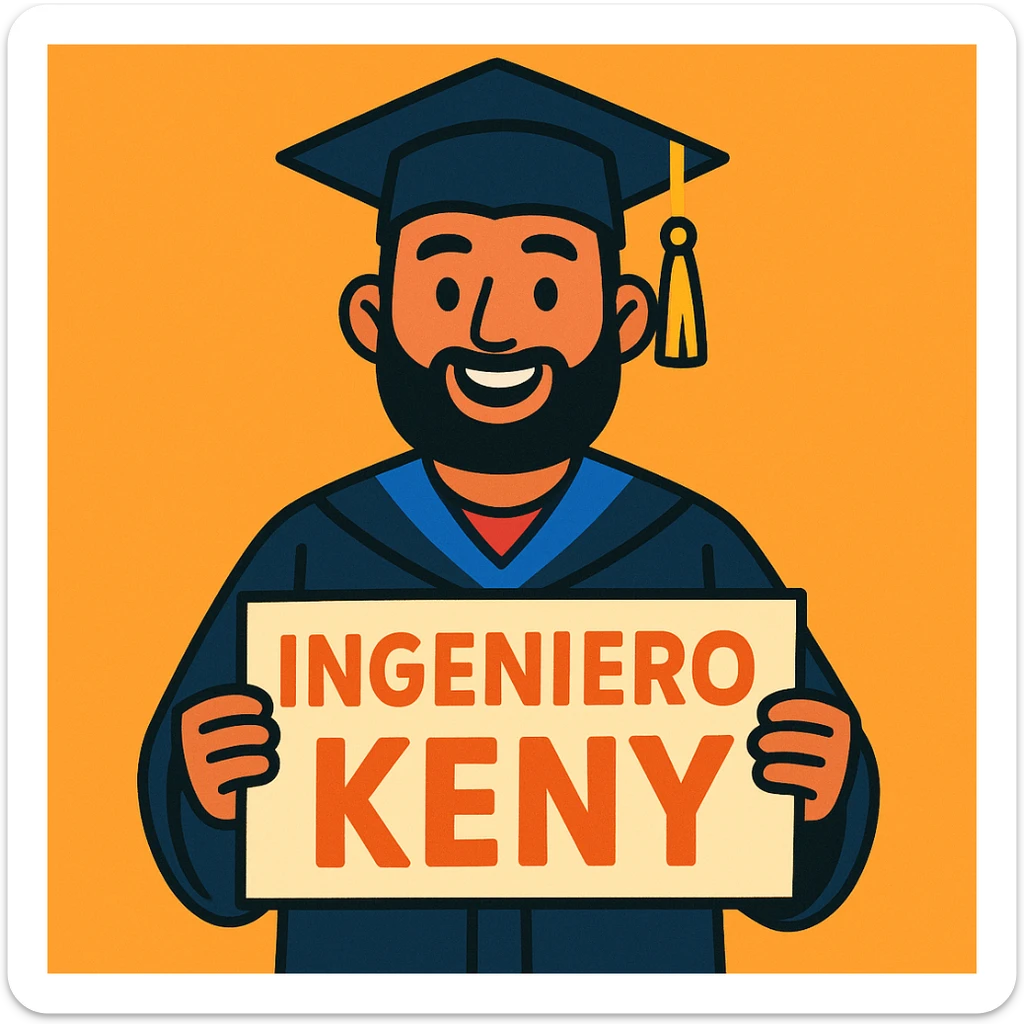 un graduado universitario con barba sosteniendo un cartel que dice INGENIERO KENY, estilo ilustración colorida, alegre y simpático, fondo simple sticker