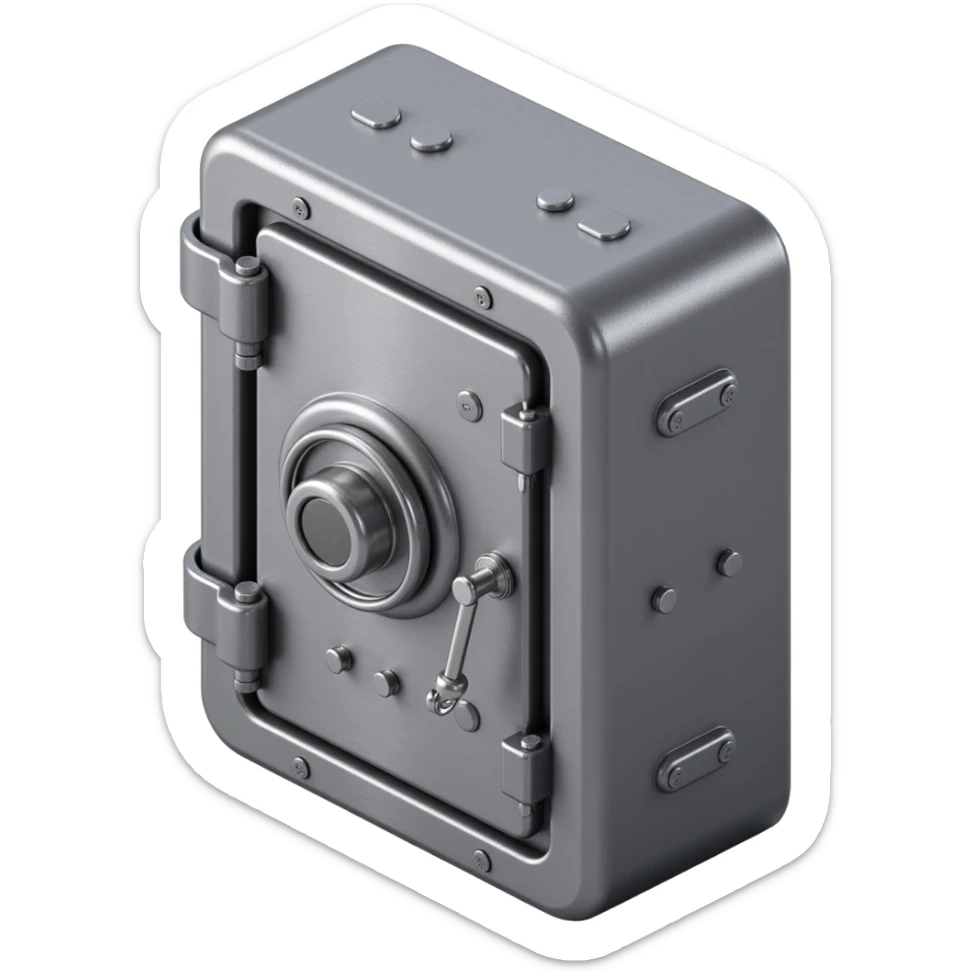 a secure bank vault door, viewed straight on, skeuomorphism style, metallic shine, realistic shadows, embossed details sticker