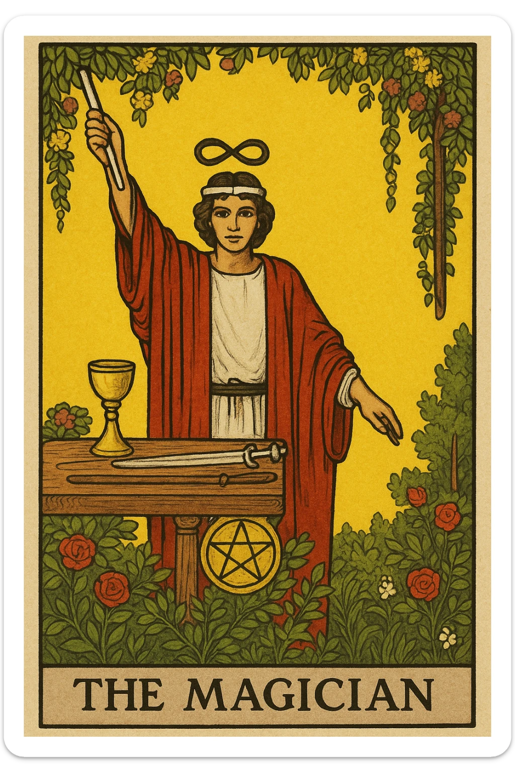 The Magician tarot card, Rider Waite Smith style, magician in red and white robes, holding a wand, table with tarot suits, lush garden, yellow background, classic tarot art. sticker